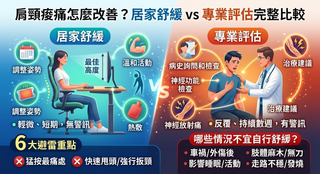 肩頸痠痛怎麼改善?居家舒緩 vs 專業評估完整比較