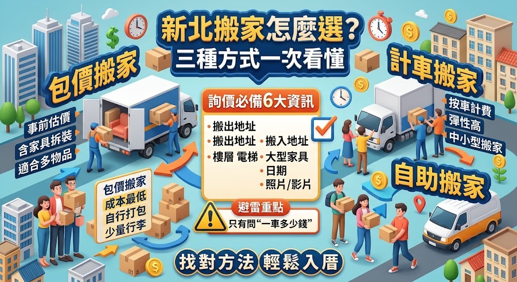 新北搬家怎麼選？包價搬家、計車搬家與自助搬家差異一次看懂
